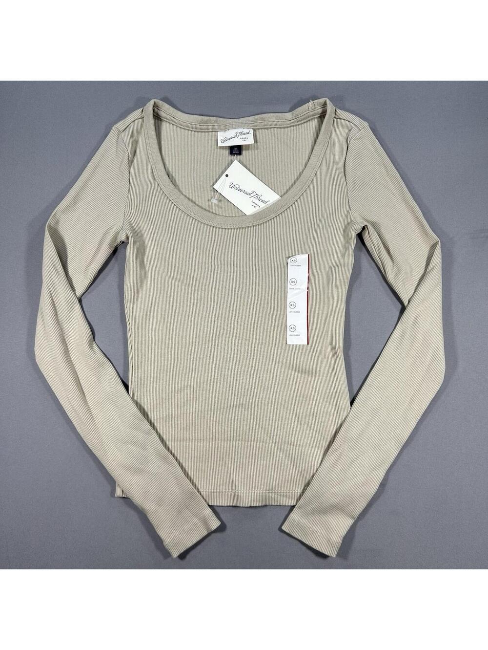 NEW Universal Thread Shirt Women’s XS Sourdough Beige Ribbed Long Sleeve
